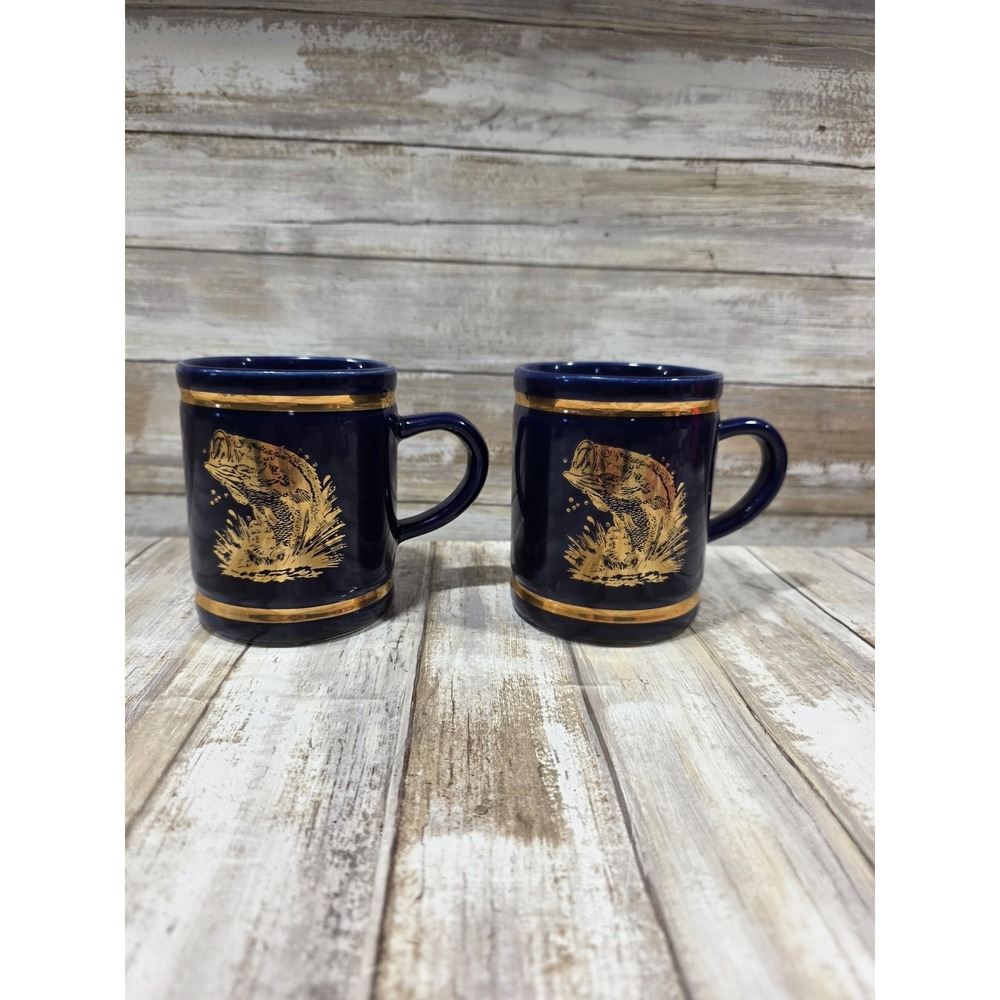 Set of 2 Navy Blue Ceramic Mugs with Gold Bass Fish Design and Gold Trim USA - Picture 1 of 9
